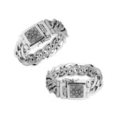 Sterling silver 23 mm handcrafted heavy curb link Bali bracelet with engraved clasp and polished finish.